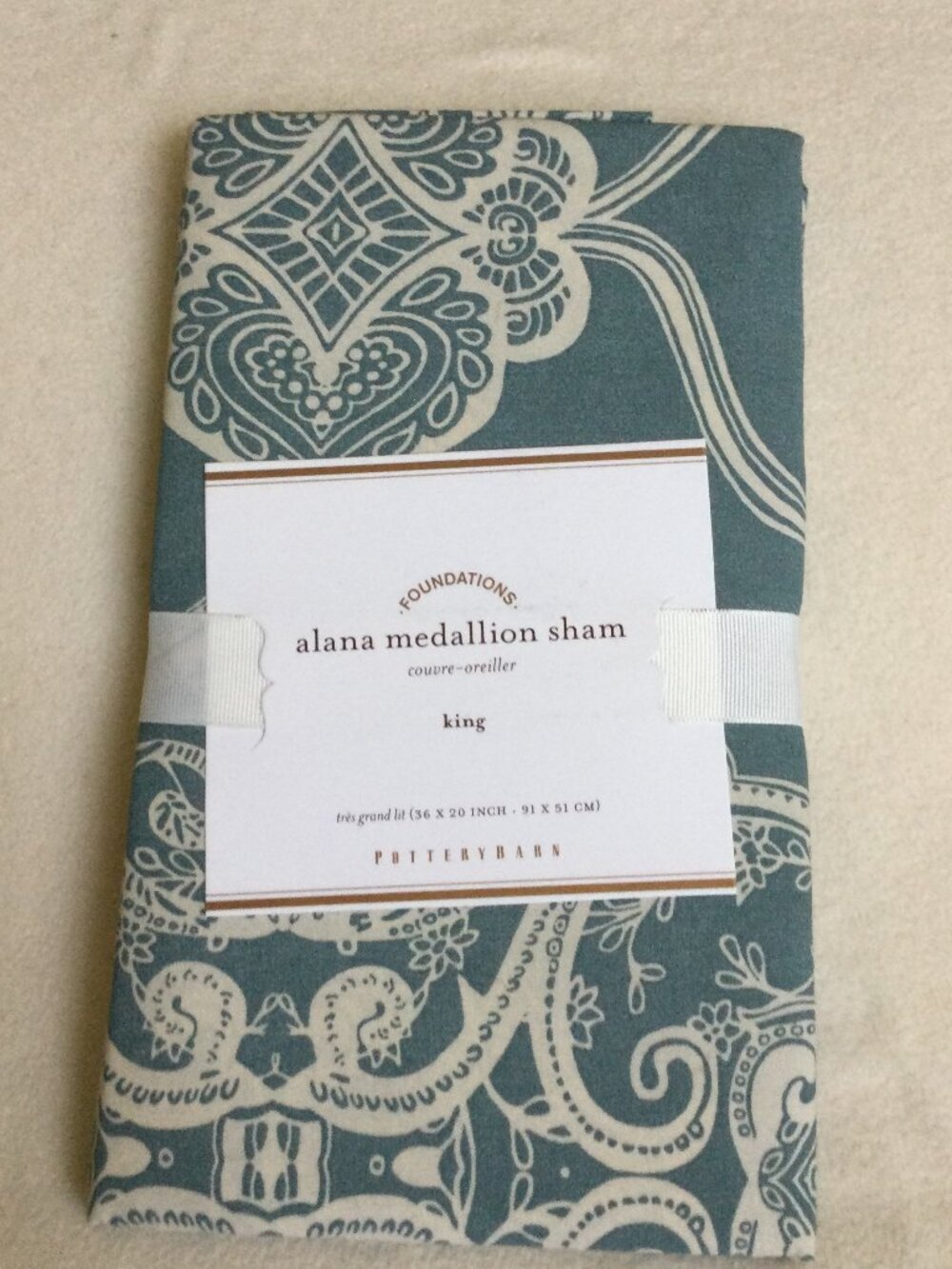 NEW Pottery Barn Alana Medallion KING Sham Teal white medallion paisley pattern
